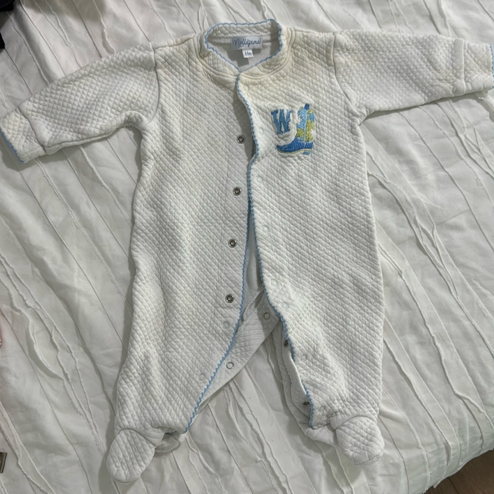 Nellapima baby layette with W monogram and boot size 3-6 months. See details.